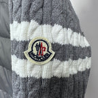 Long knit jacket with gray and white stripes and Moncler logo patch