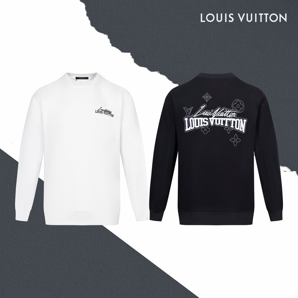 White and dark long-sleeve sweatshirts, front views with Louis Vuitton logos