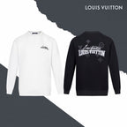 White and dark long-sleeve sweatshirts, front views with Louis Vuitton logos