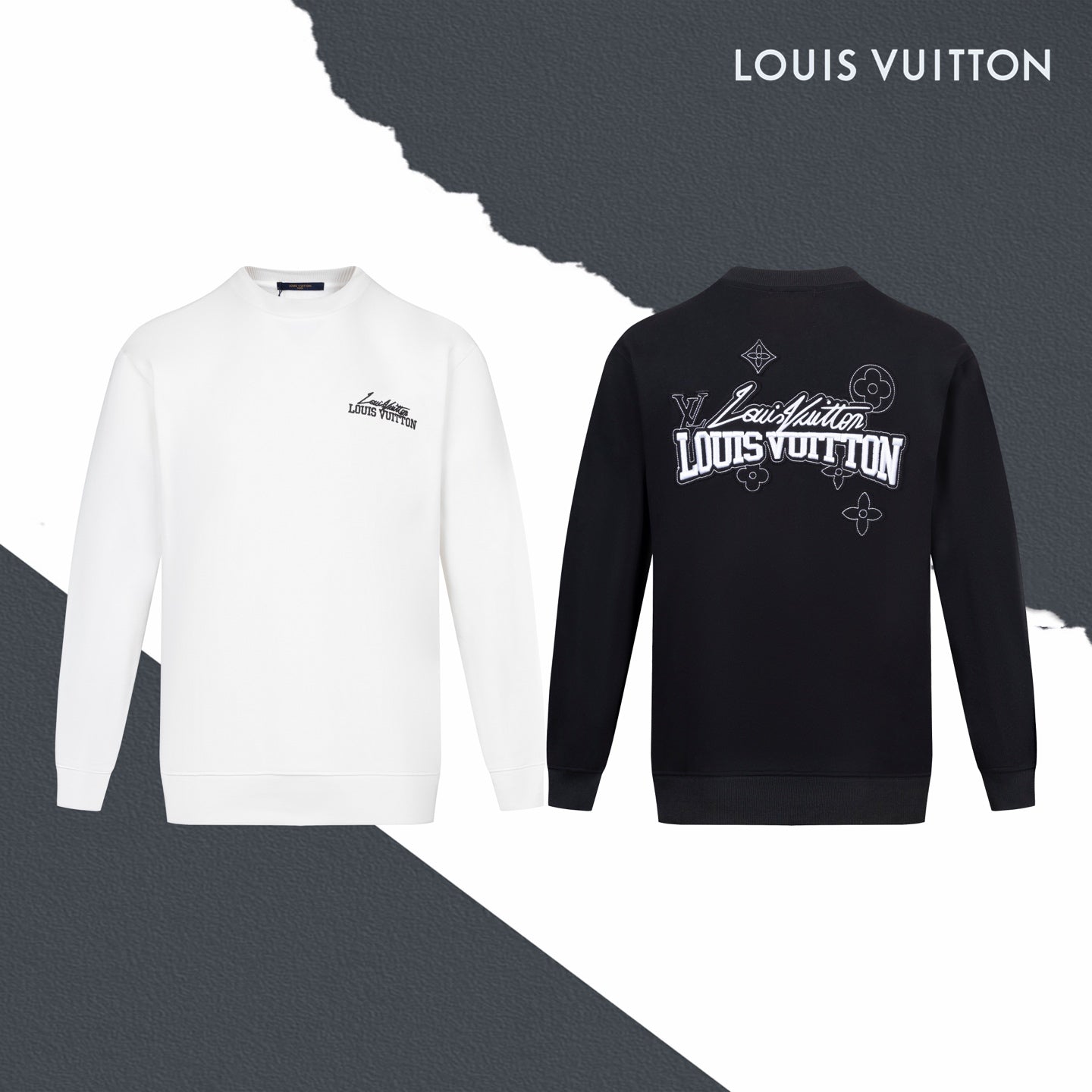 White and dark long-sleeve sweatshirts, front views with Louis Vuitton logos