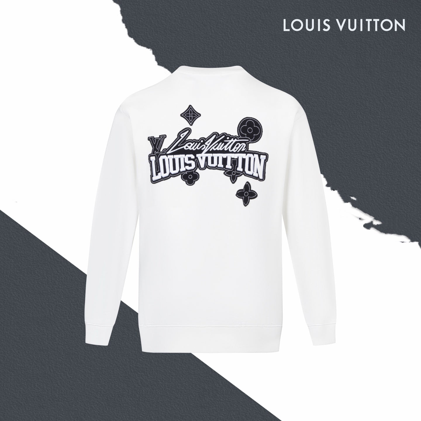 White long-sleeve sweatshirt with large back Louis Vuitton graphic logo