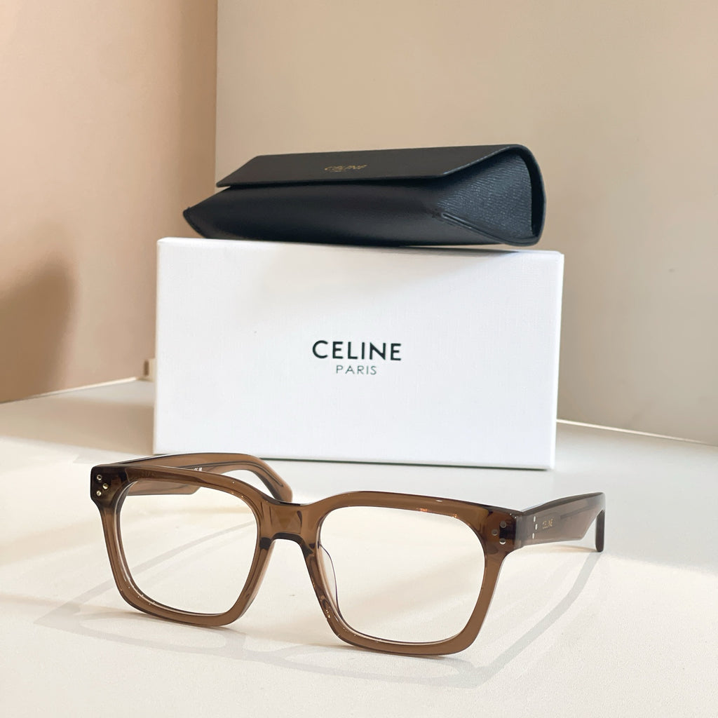 Celine glasses with light brown square frames and clear lenses.
