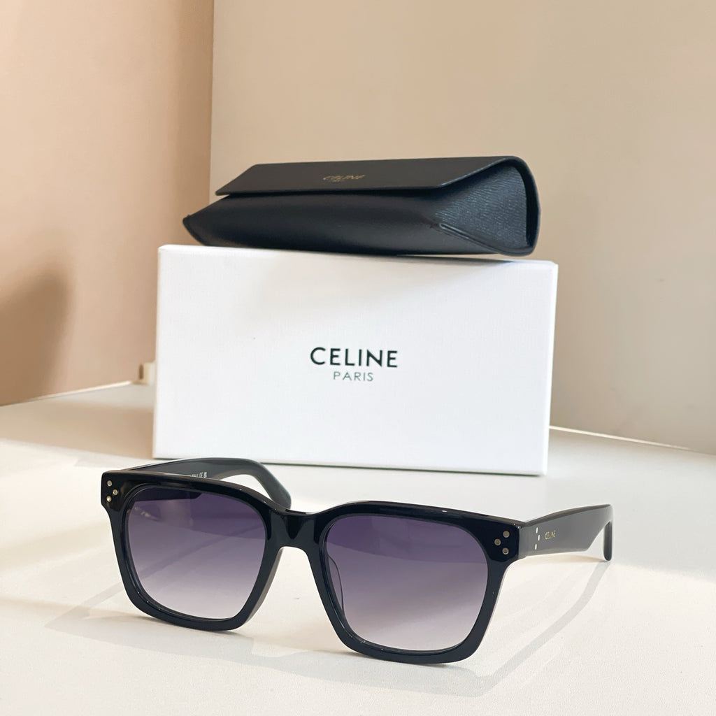 Celine glasses with black square frames and purple-tinted lenses.