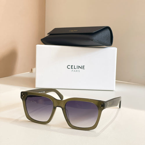 Celine glasses with dark olive square frames and purple-tinted lenses.