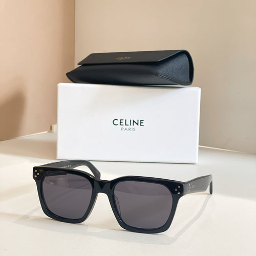 Celine glasses with black square frames and dark lenses.