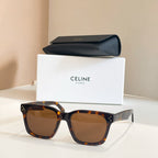 Celine glasses with tortoiseshell square frames and brown lenses.