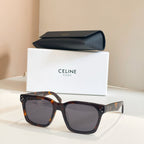 Celine glasses with tortoiseshell square frames and dark brown lenses.