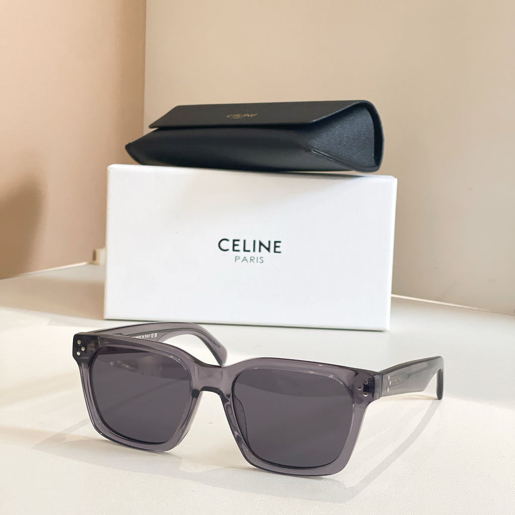 Celine glasses with charcoal square frames and dark lenses.