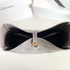 YSL bag, open gray tote with gold YSL clasp and dark interior
