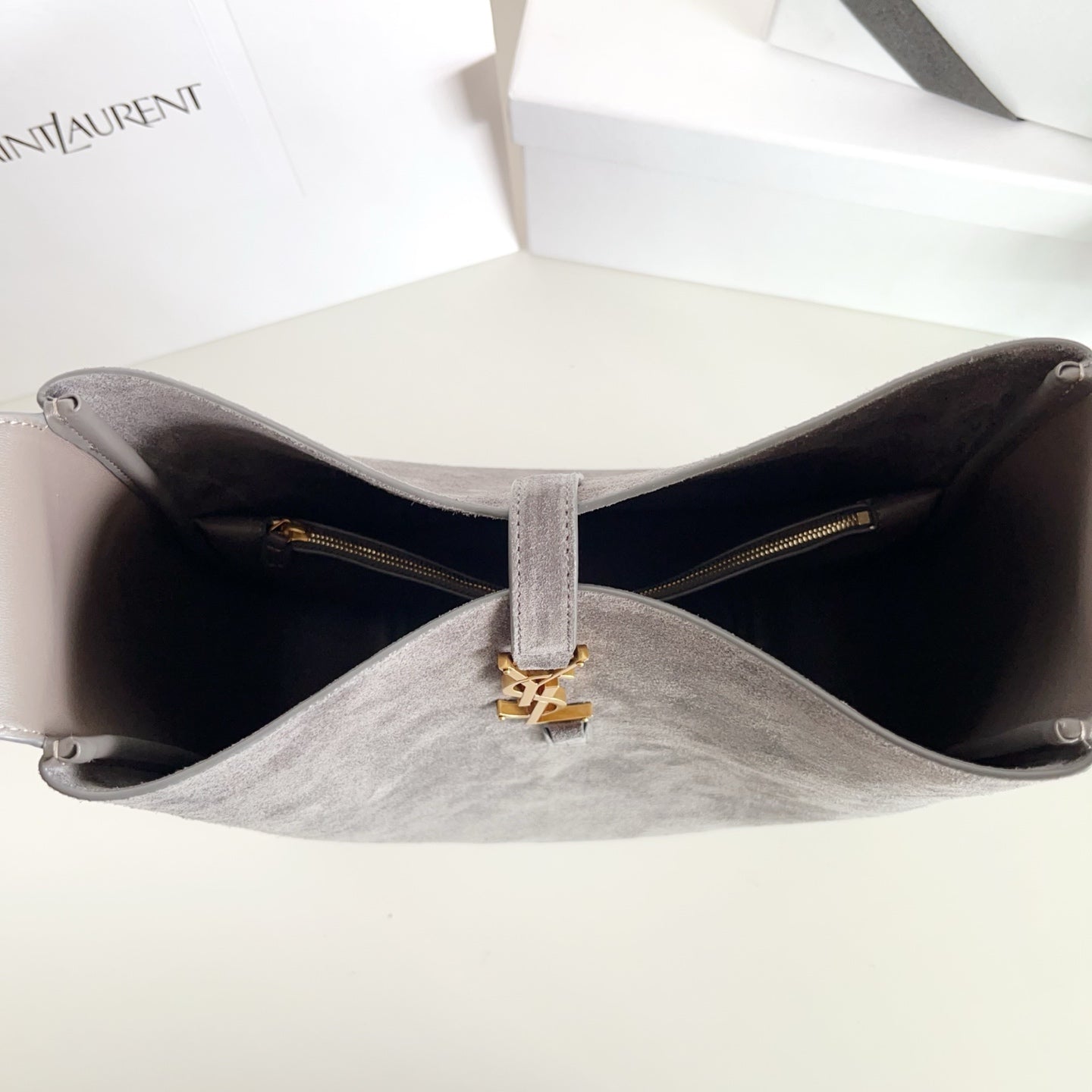 YSL bag, open gray tote with gold YSL clasp and dark interior