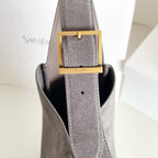 YSL bag, gray strap with gold rectangular buckle hardware