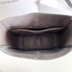 YSL bag, gray interior tote with center zip pocket and gold zipper pull