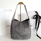 YSL bag, gray bucket tote with long handles and center vertical strap