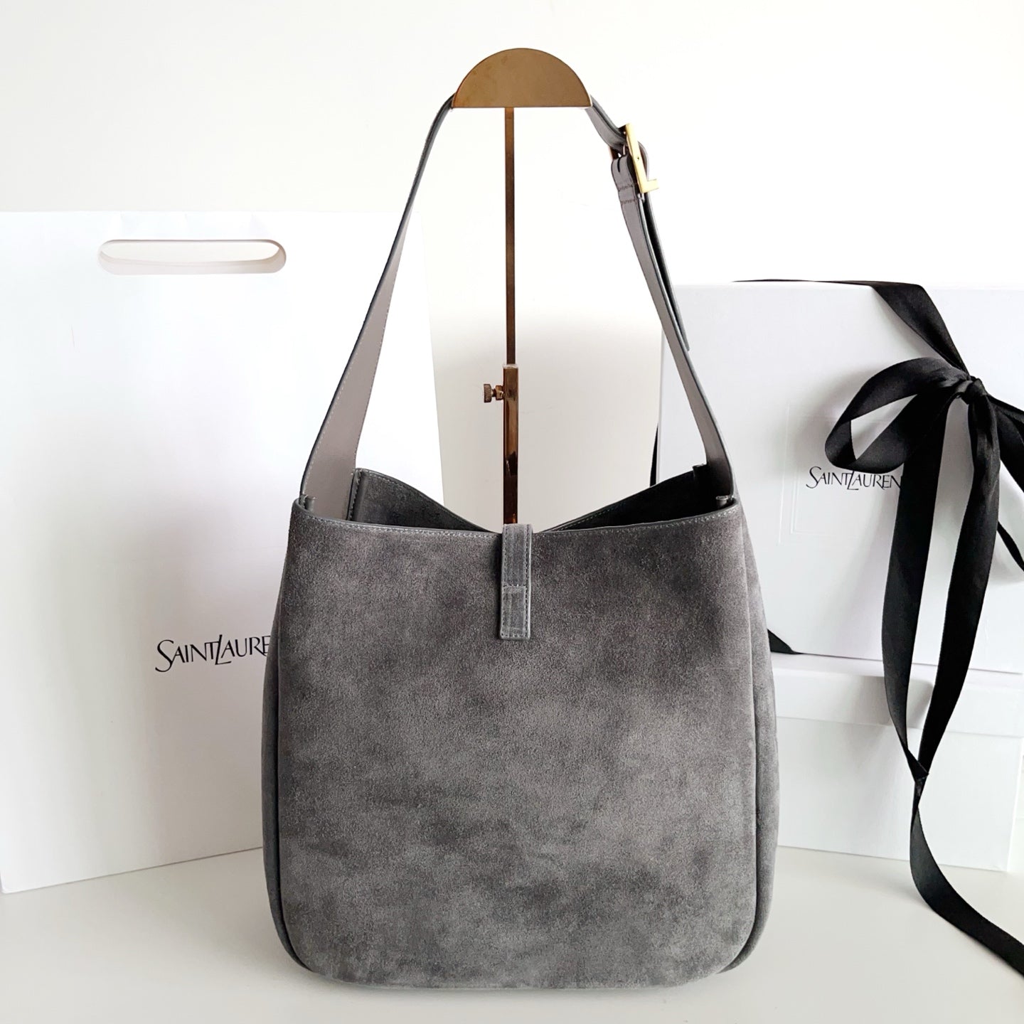 YSL bag, gray bucket tote with long handles and center vertical strap