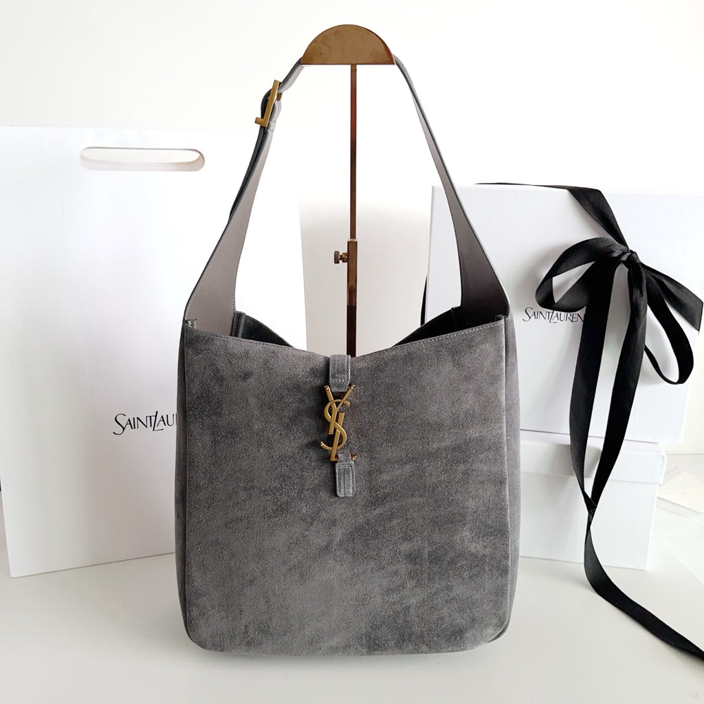 YSL bag, gray tote with suede texture and YSL monogram charm at center