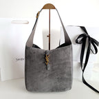 YSL bag, gray tote with suede texture and YSL monogram charm at center