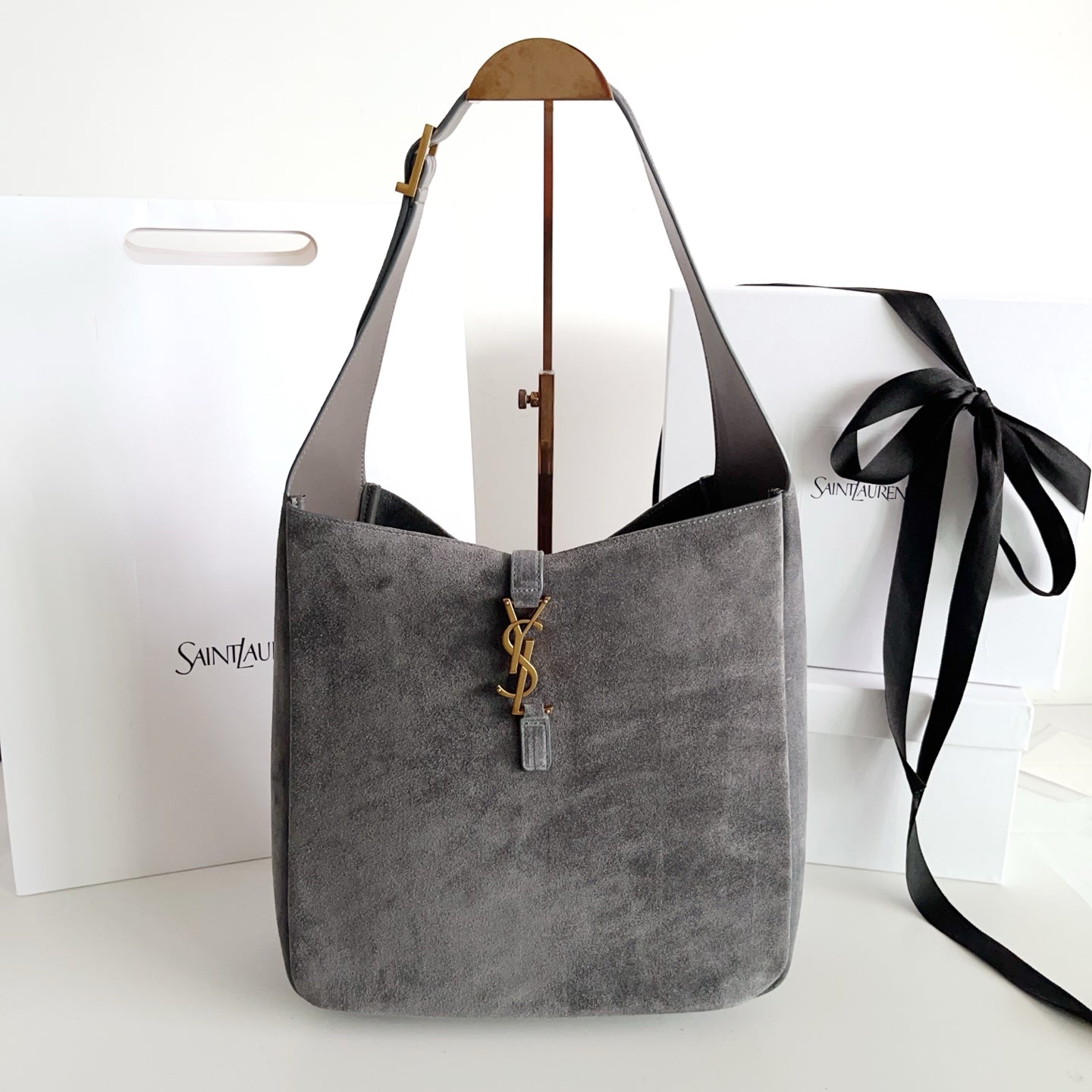 YSL bag, gray tote with suede texture and YSL monogram charm at center