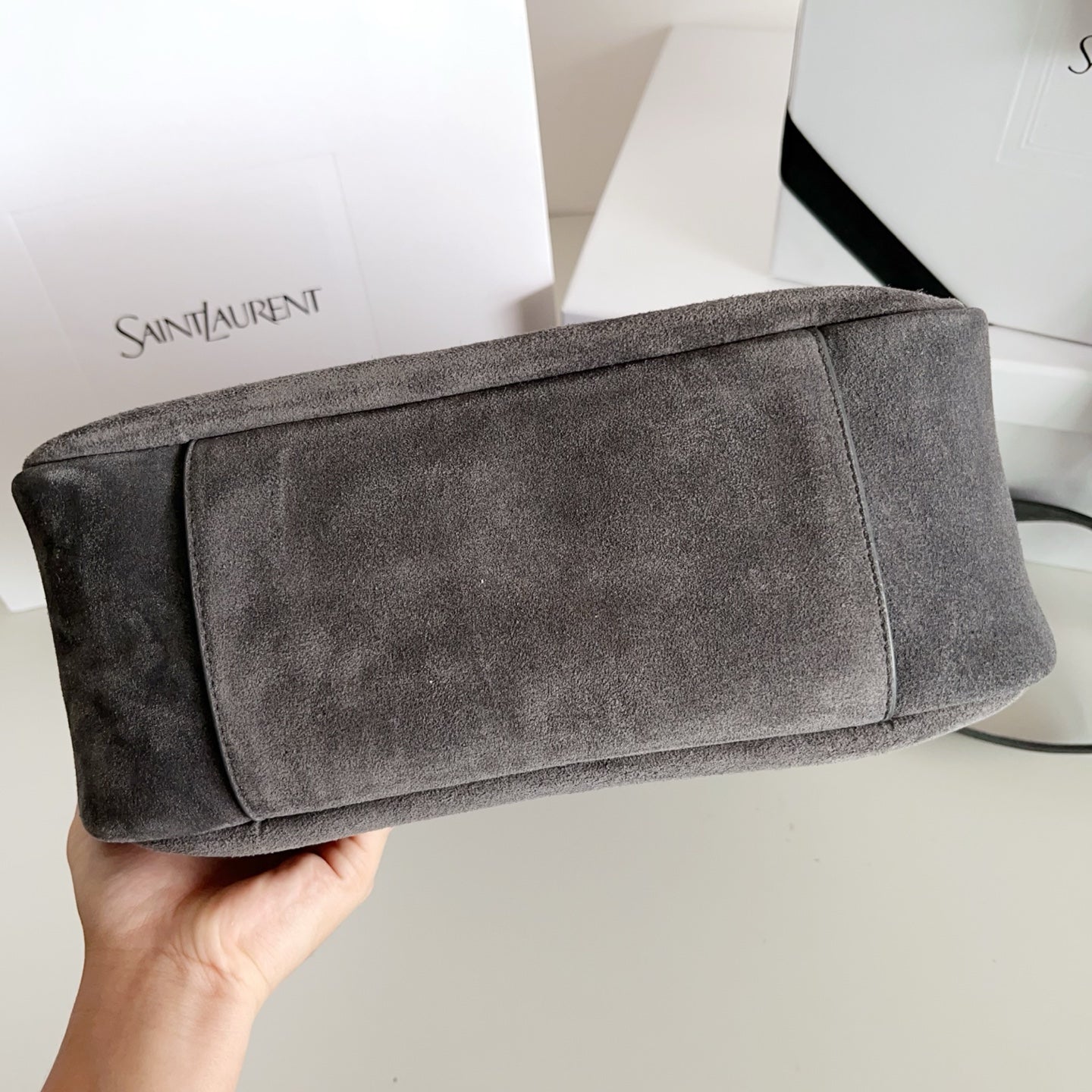 YSL bag, gray suede hobo tote with top edge and stitched panel