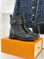 Louis Vuitton studded black ankle boots with lace-up front