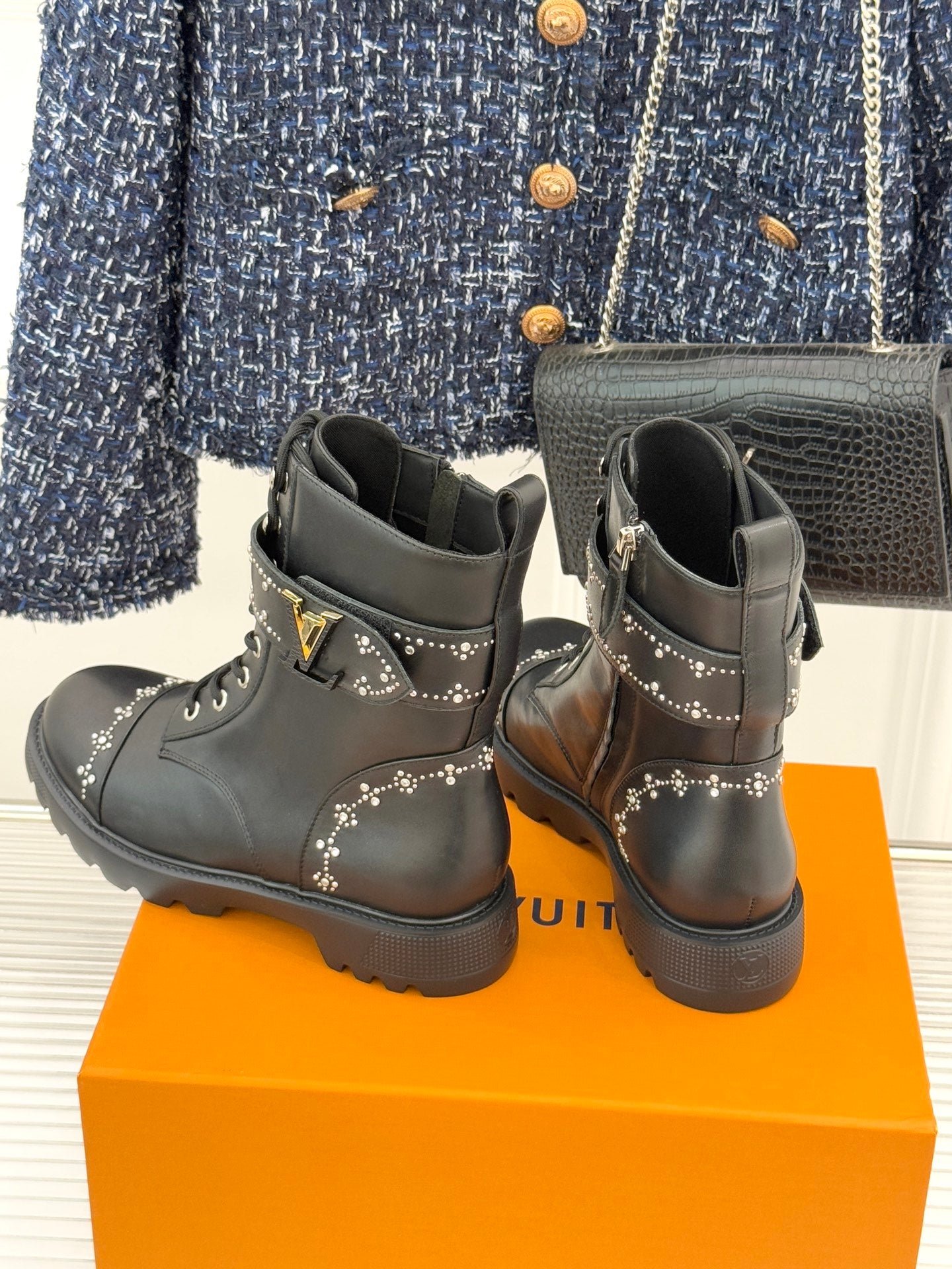 Louis Vuitton black studded lace-up ankle boots, rear view