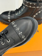 Louis Vuitton black leather ankle boot toe with studded accents