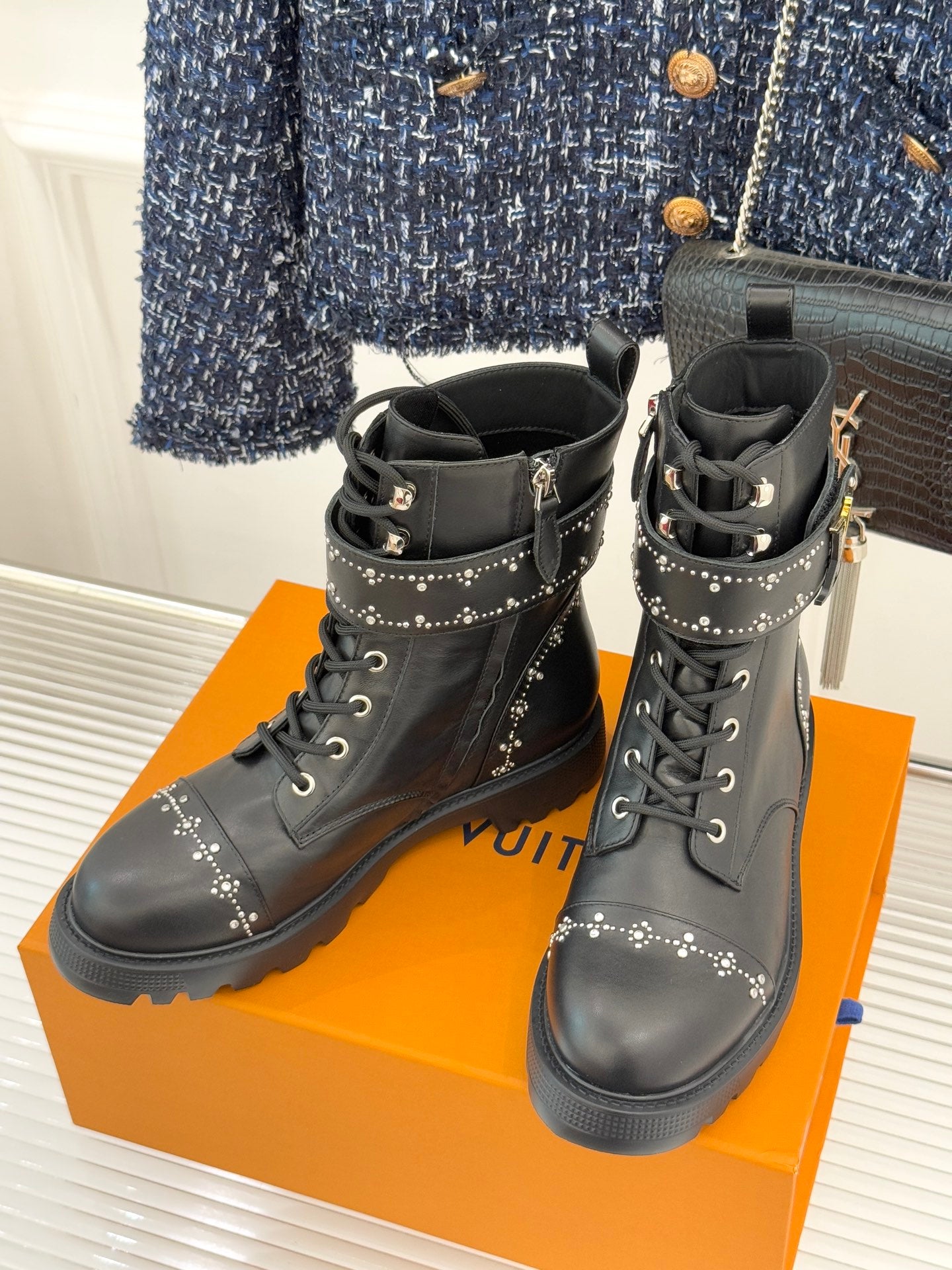 Louis Vuitton black lace-up ankle boots with studded trim