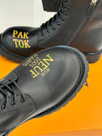 Louis Vuitton ladies lace-up ankle boots close-up, black leather, 'PAK TOK' and 'NEVER PARIS'