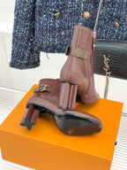Brown leather mid-ankle boots with side zipper and block heel
