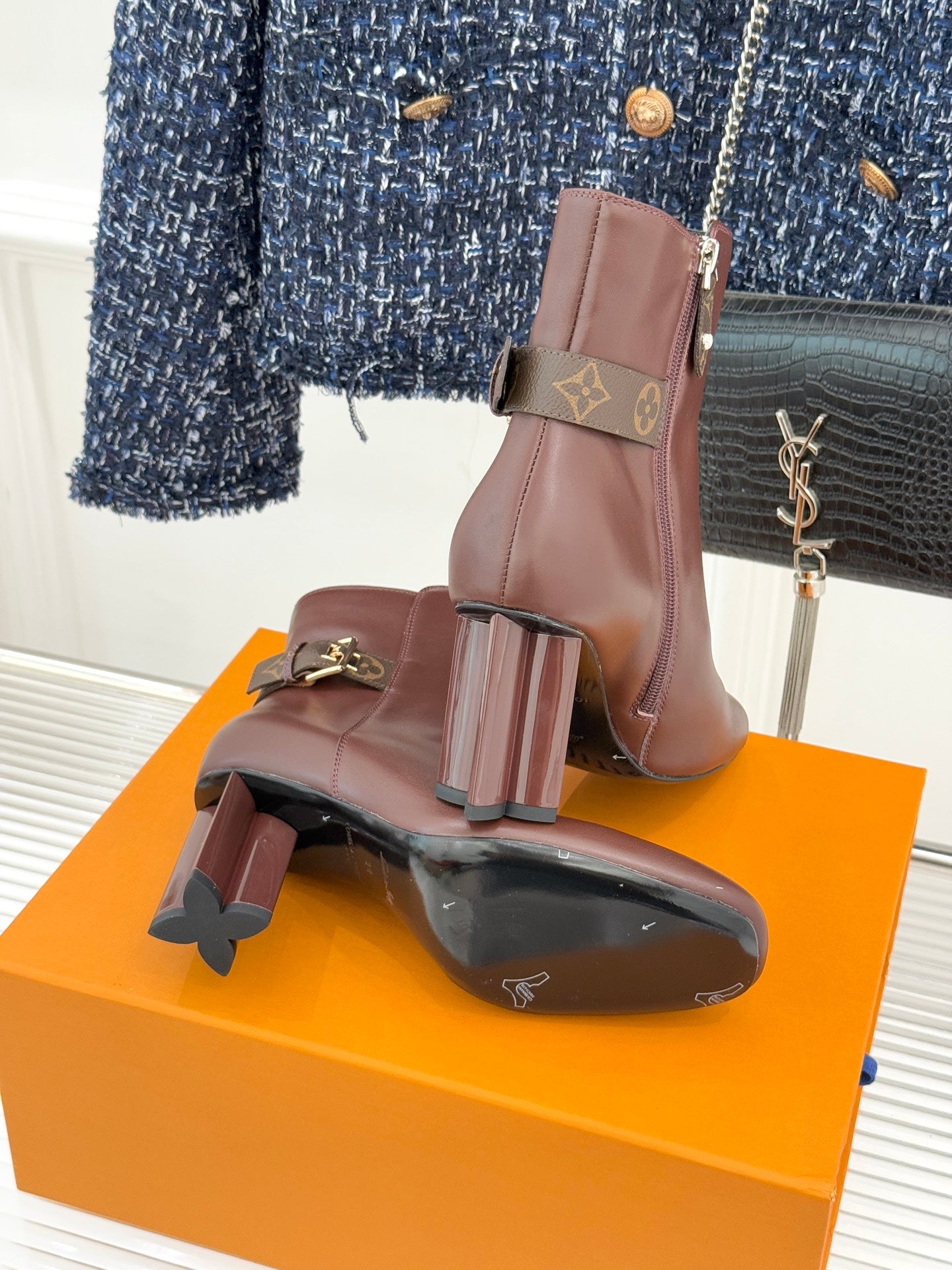 Brown leather mid-ankle boots with side zipper and block heel