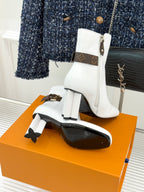 Louis Vuitton ladies white ankle boots with side zipper, brown monogram strap, block heel