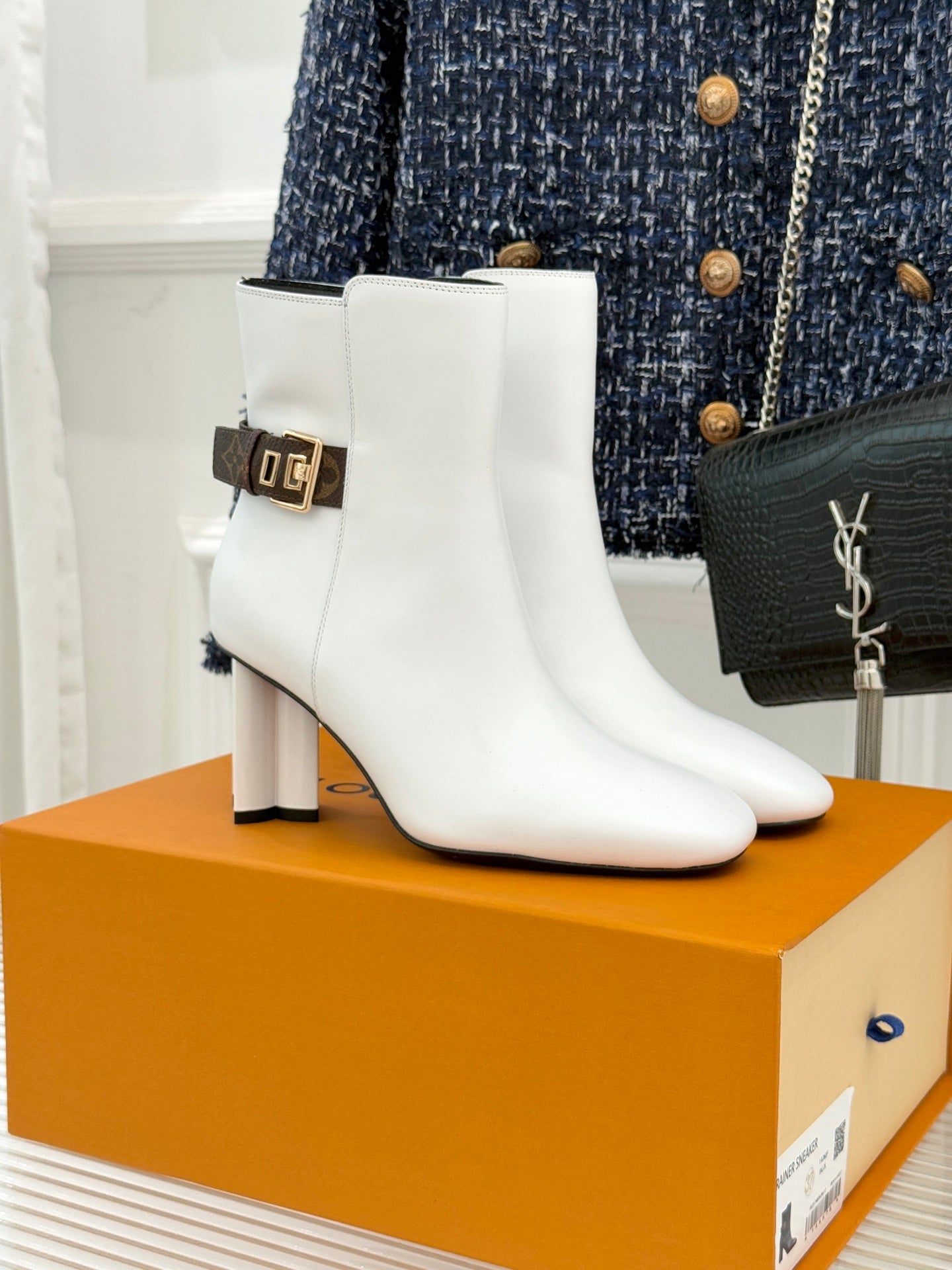 Louis Vuitton ladies white ankle boots with brown monogram strap and block heel