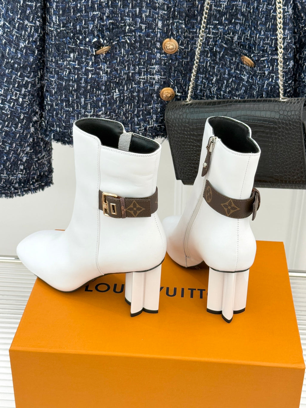 Louis Vuitton ladies white ankle boots with gold buckle and brown monogram strap