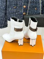 Louis Vuitton ladies white ankle boots with gold buckle and brown monogram strap
