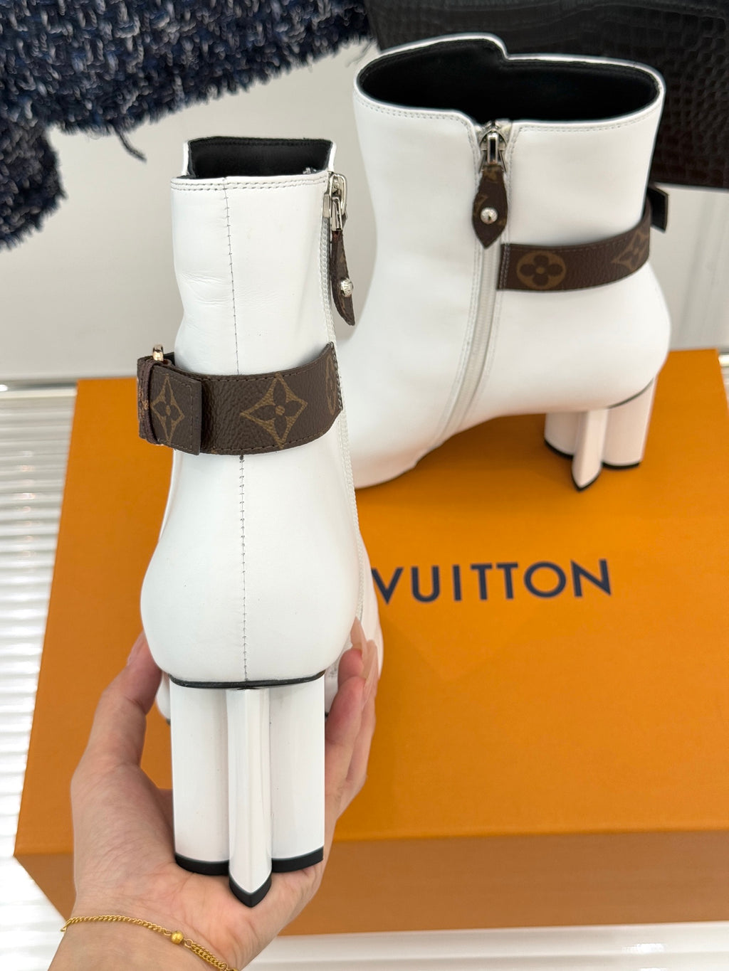 Louis Vuitton ladies white ankle boots with brown monogram side strap and block heel