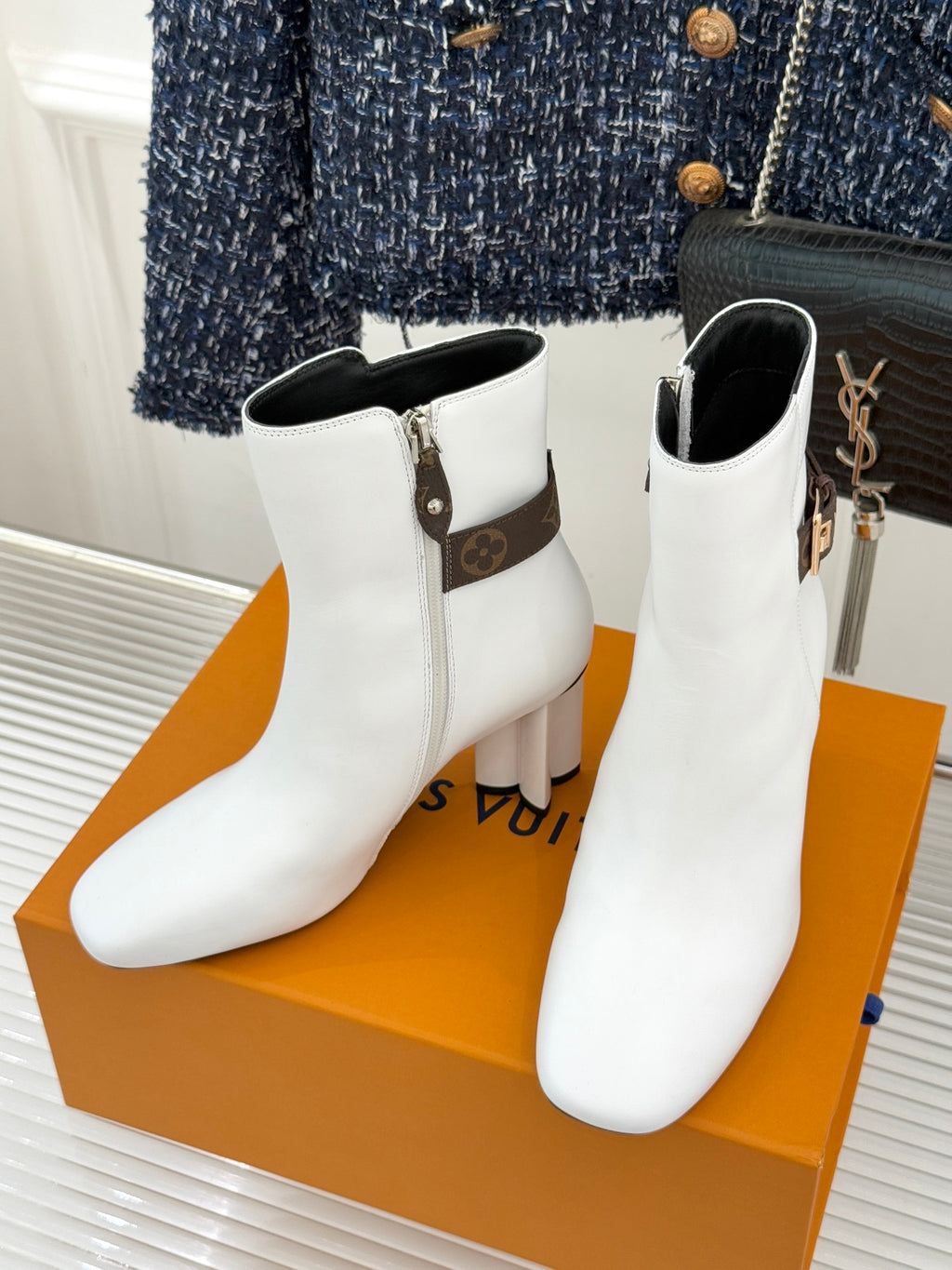 Louis Vuitton ladies white ankle boots with side zipper, brown monogram strap, block heel