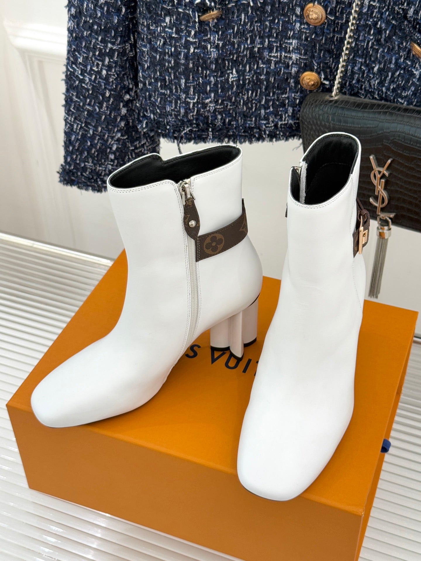 Louis Vuitton ladies white ankle boots with side zipper, brown monogram strap, block heel