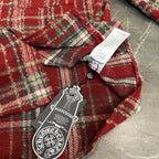 Red plaid coat with stand collar, front buttons, and hanging tag