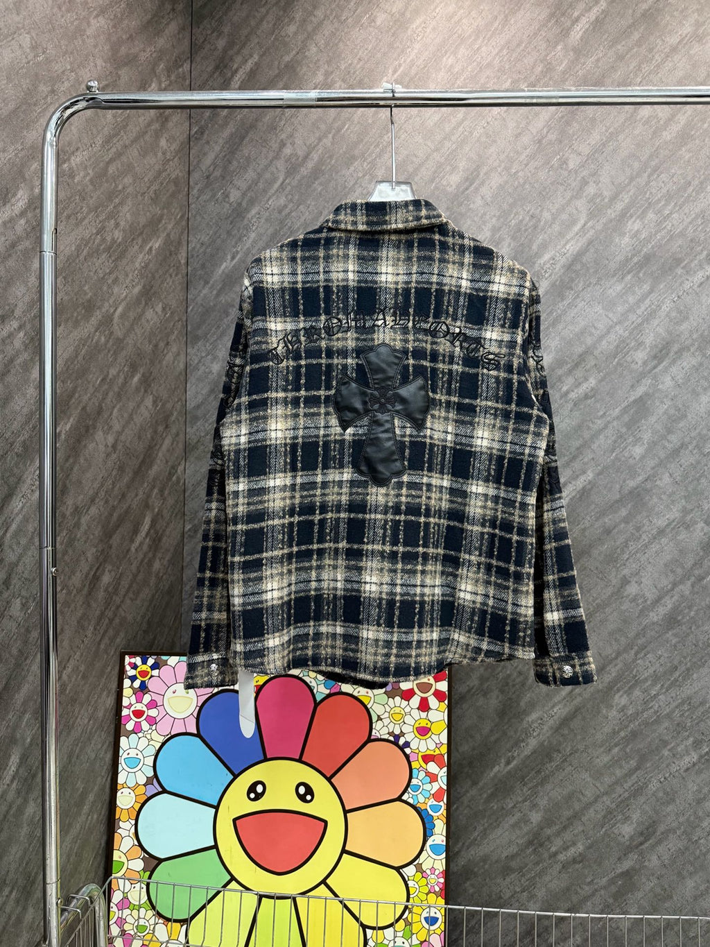 Long plaid button-up shirt back view in navy and cream checks