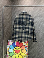 Long plaid button-up shirt back view in navy and cream checks