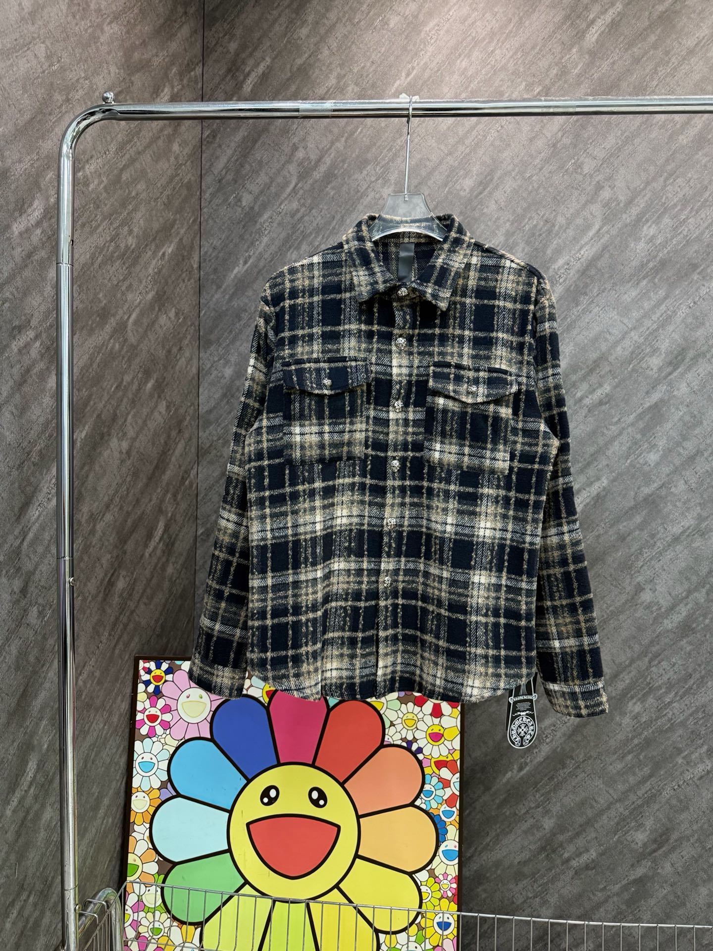 Long plaid button-up shirt with navy and cream checks and a collared front