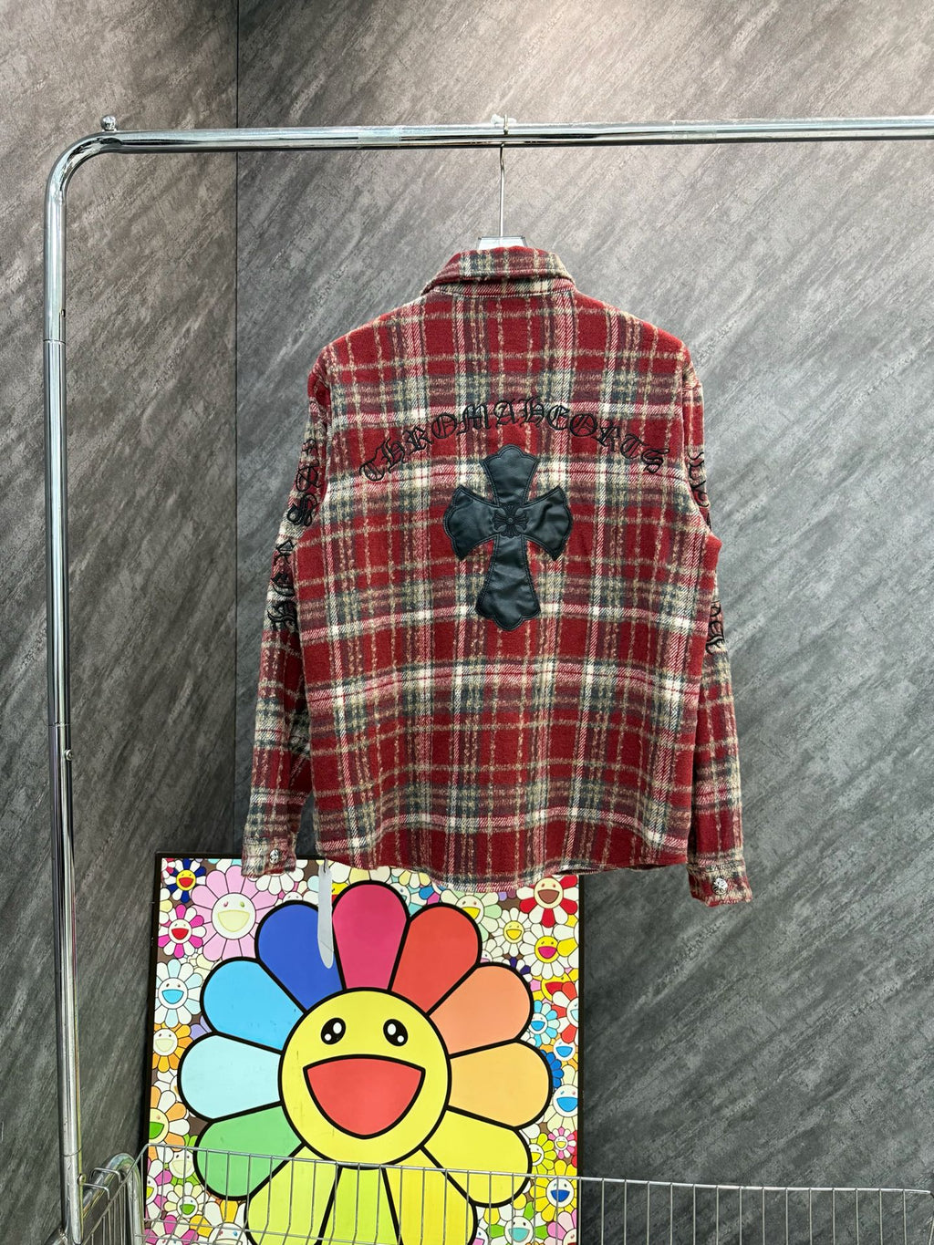 Long plaid button-up shirt back view in red and cream checks