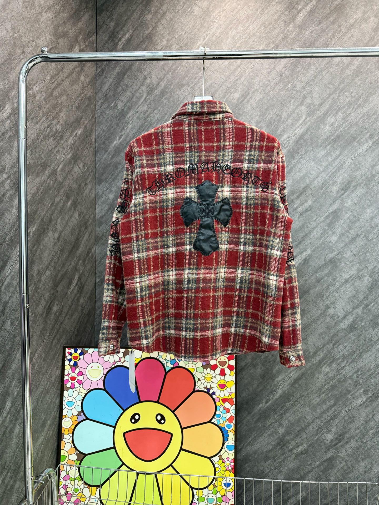 Long plaid button-up shirt back view in red and cream checks