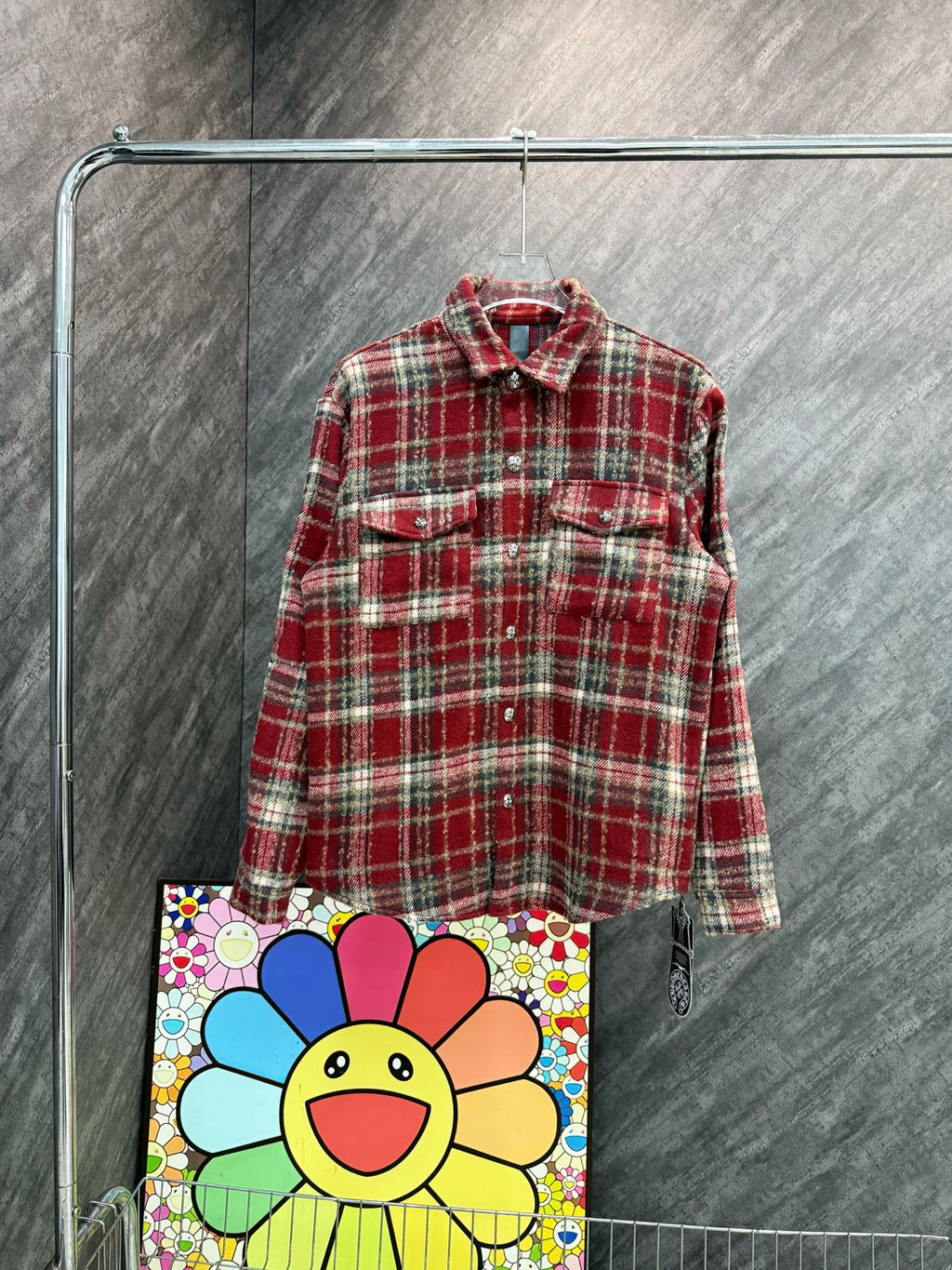 Long plaid button-up shirt in red and cream checks with collared front
