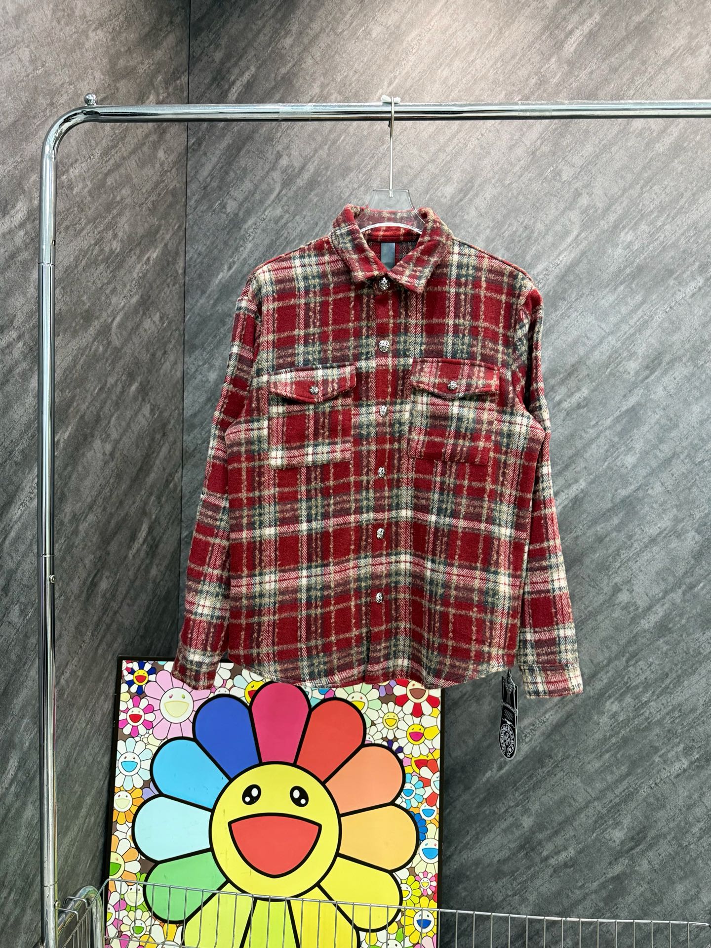 Long plaid button-up shirt in red and cream checks with collared front