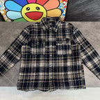 Navy and light plaid long-sleeve coat with buttoned front and stand collar