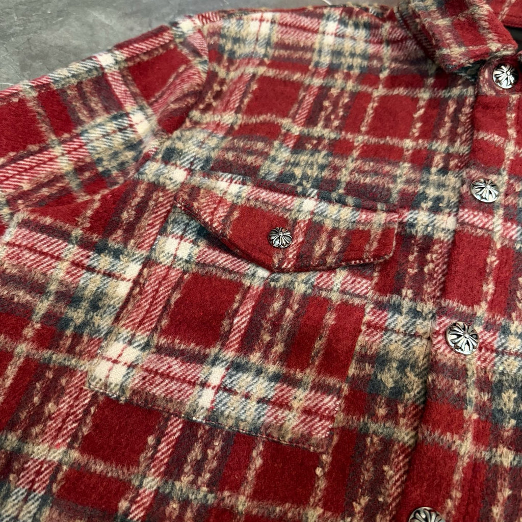 Red plaid long-sleeve coat with flap yoke and button detail