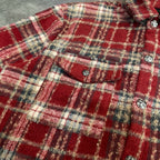 Red plaid long-sleeve coat with flap yoke and button detail