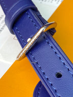 Men's Louis Vuitton bag blue leather strap corner with gold hardware and stitching