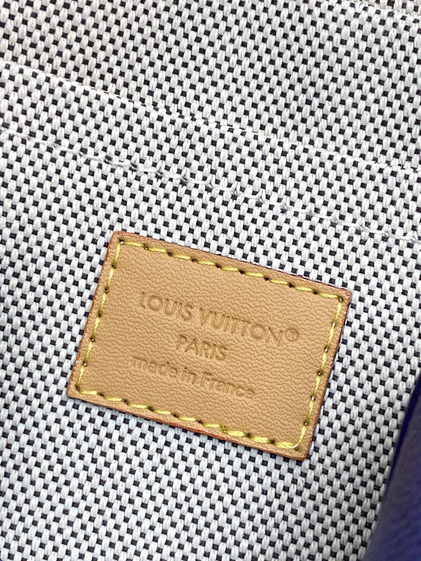 Louis Vuitton bag leather tag with logo patch on textured fabric
