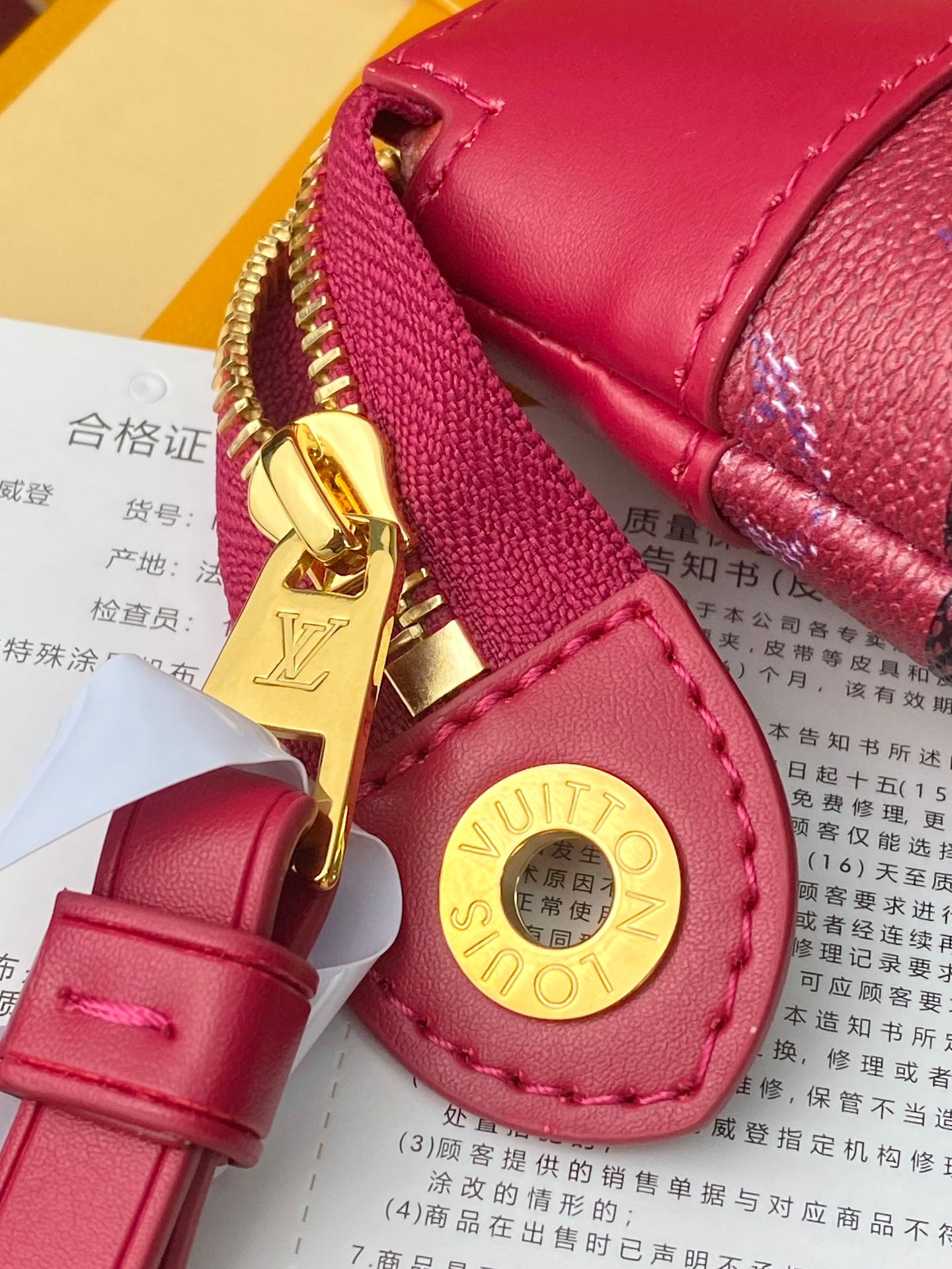Louis Vuitton small bag closeup with gold zipper charm, pink leather strap and emblem